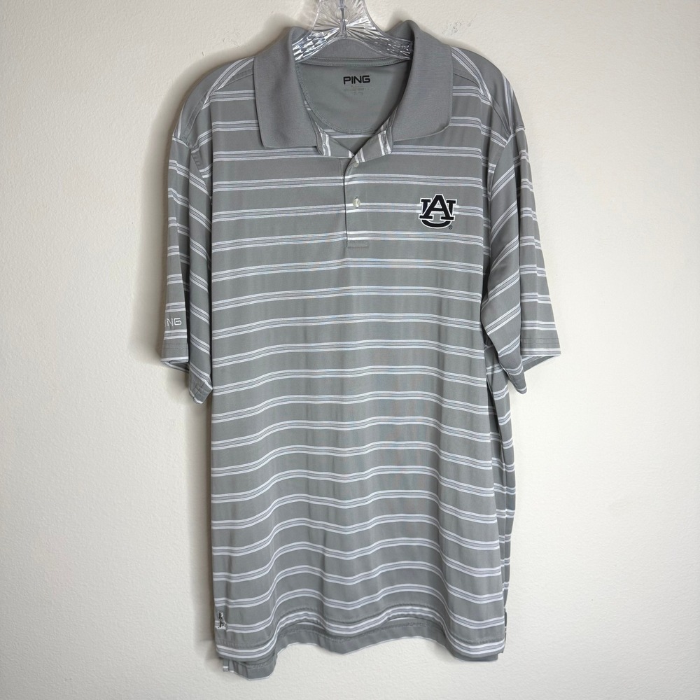 PING Polo Shirt Mens XL Auburn Tigers Grey White Striped Golf Performance AU